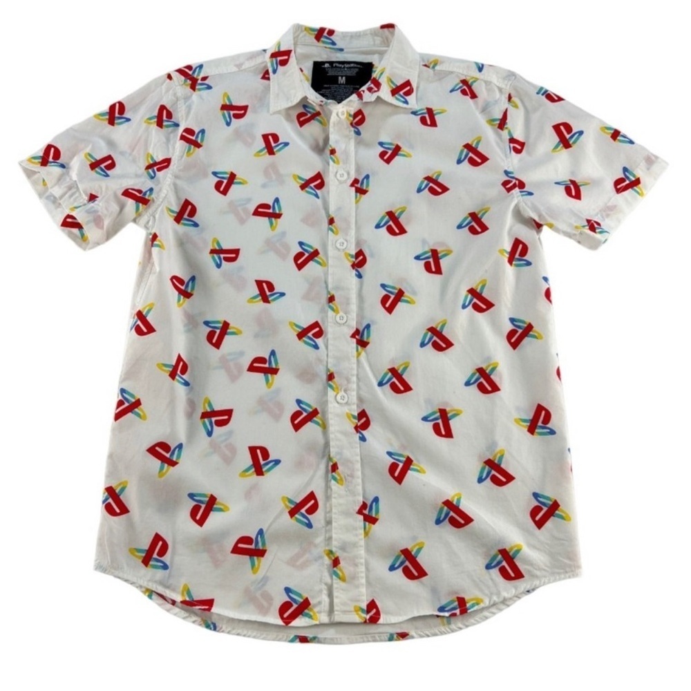 Sony PlayStation White Short Sleeve Shirt Men’s size small Y2k PS1 retro button